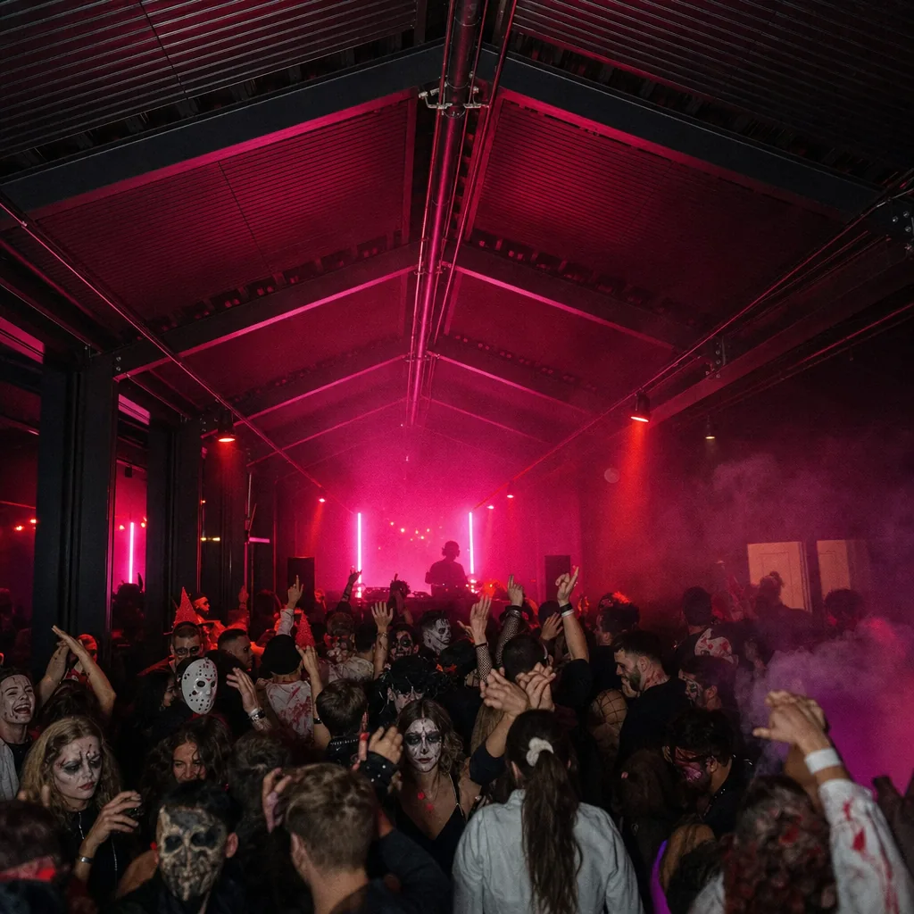 Glas-Floor bei Nacht: pinke LED-Röhren, DJ-Pult im Nebel, tanzende Crowd in Kostümen
